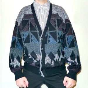 Vintage Navajo / Memphis Geometric Pattern Knit Cardigan Cool Colors Campus